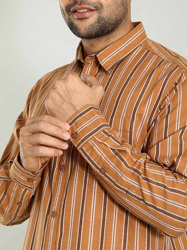 Indian Terrain Men's Regular Fit Full Sleeve Striped Brown Shirt